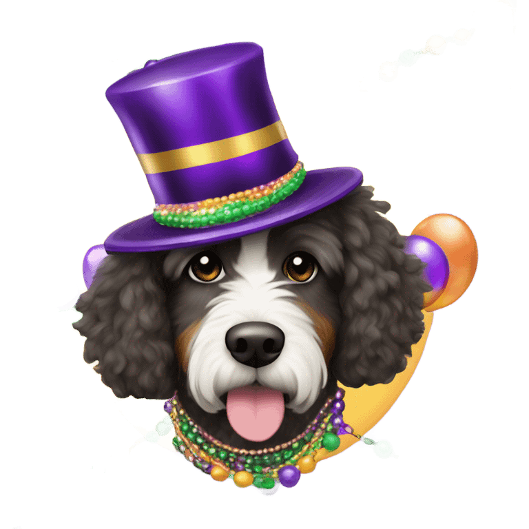 Bernedoodle dressed for Mardi Gras emoji