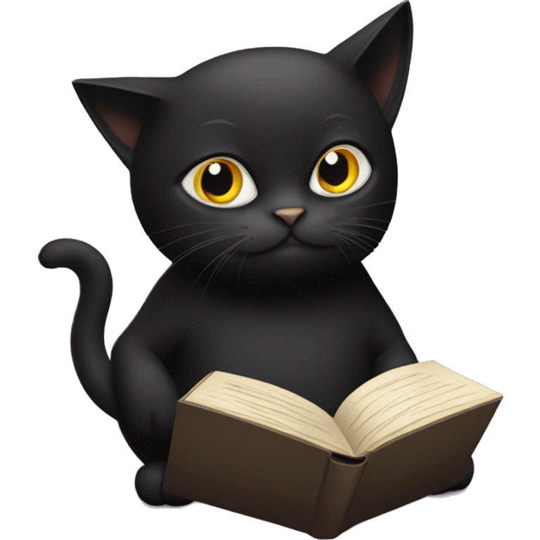 A black cat reading a book with the words miau miau on the cover emoji