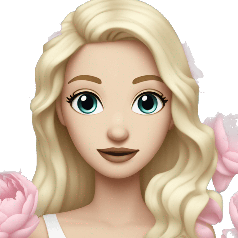 White bride with long light blonde hair and blue eyes with light pink peonies in hair white skin  emoji