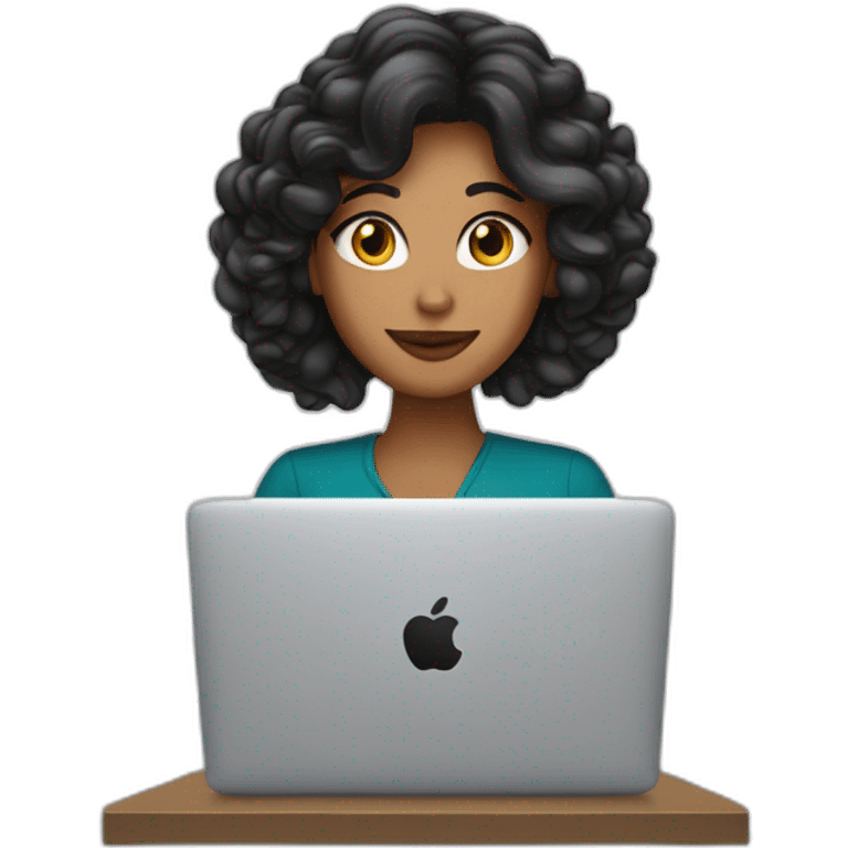 Mujer de cabello morocha con ondasde, trabajando con su macbook emoji