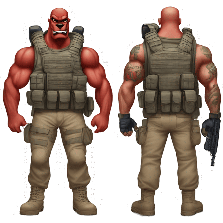 Desert storm daddy hot tall blue eyes Clifford the big red dog muscular with tattoos on arms book illustration humanoid as a military call of duty character standing alone emoji