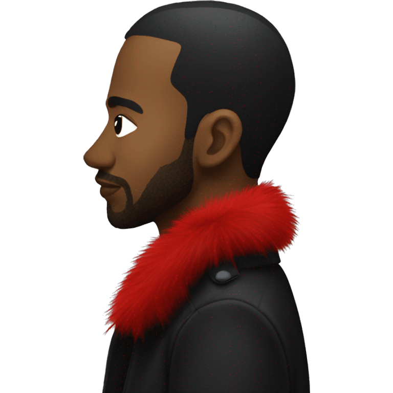 side profile of a hip hop artist wearing a black coat with a red furry collar emoji