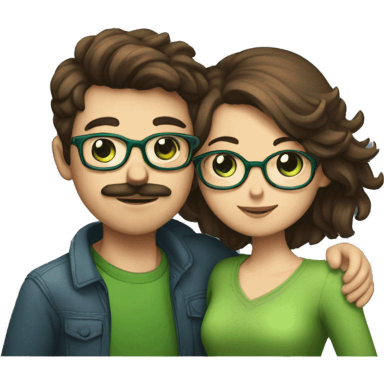 A heavy set boy with brown hair blue eyes and a mustache is kissing a green haired girl who is thin with green eyes and wearing glasses emoji