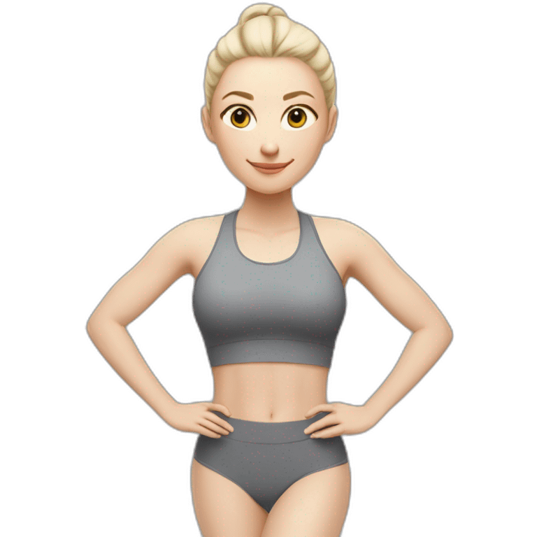 Pale skinned fit woman In a gray tight yoga suit With ash blonde hair in a ponytail doing yoga emoji