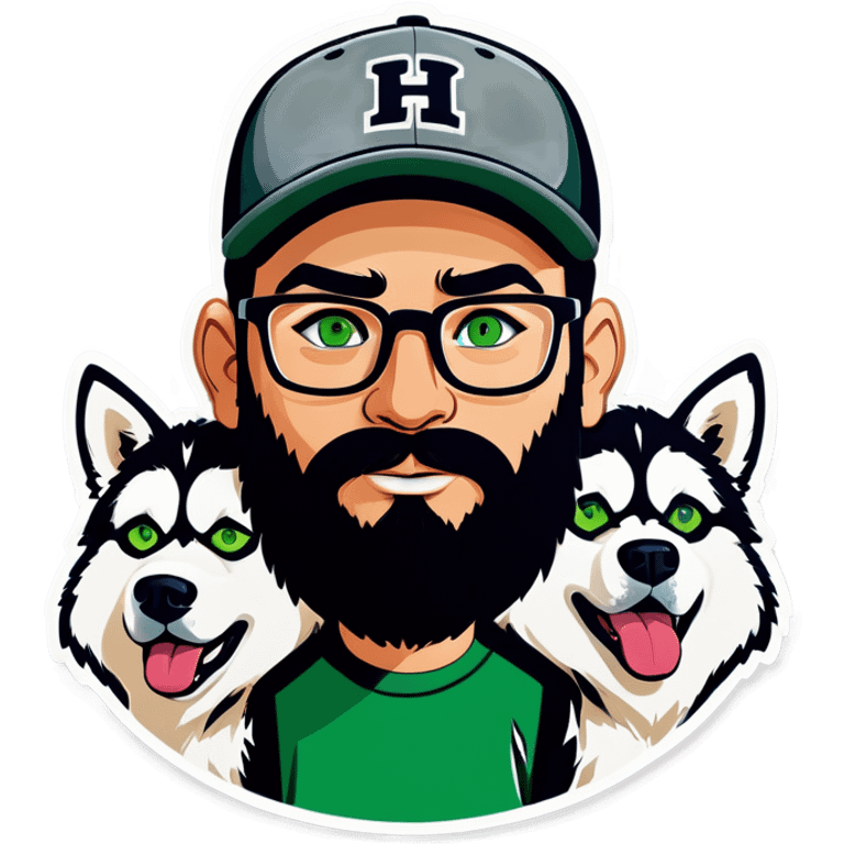 A bold man with a grey baseball cap, green eyes, big beard and glasses with a husky dog emoji