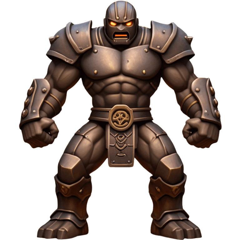 Cinematic Fierce Mighty Iron Golem Portrait Emoji Depicted mid-action in a dynamic, battle-ready stance, massive fists clenched, the ancient metallic plates along its form shifting with raw power. Its eyes blaze like molten fire within a carved, rune-etched face, exuding both divine purpose and mechanical precision. Weathered steel and dark bronze tones are accented by glowing, arcane inscriptions, each detail meticulously crafted with lifelike metallic reflections. High shine, imposing yet regal, styled with an air of indestructible might, soft glowing outline, capturing the essence of an unstoppable colossus that looks ready to charge forth with a thunderous step! emoji