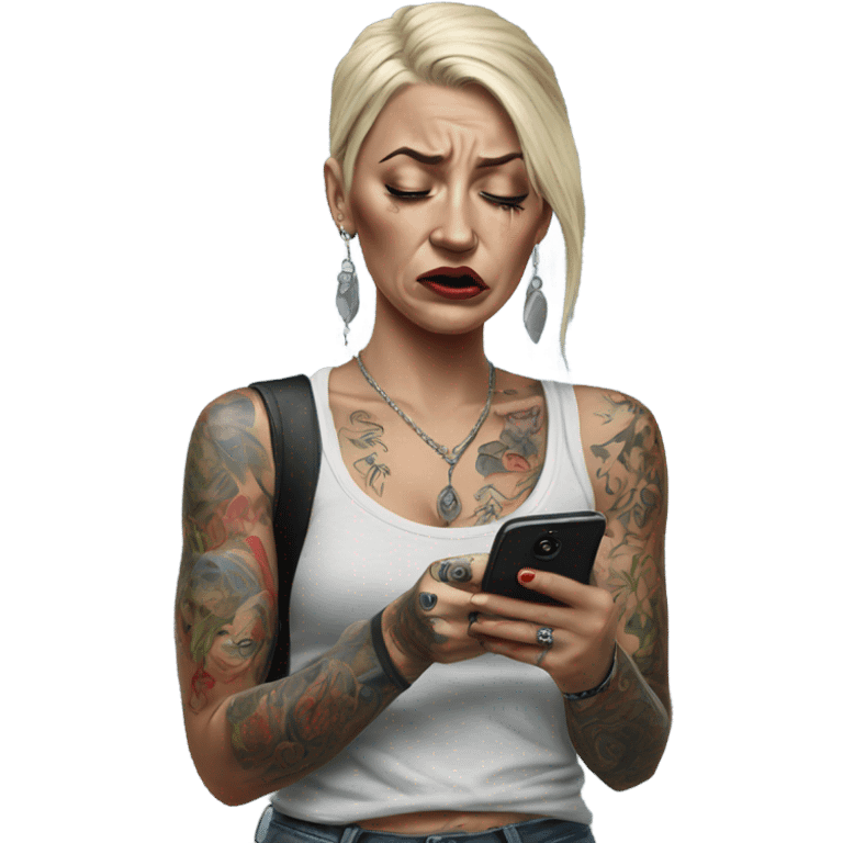 Hyper Realistic Beautiful tattooed woman crying holding a phone  emoji