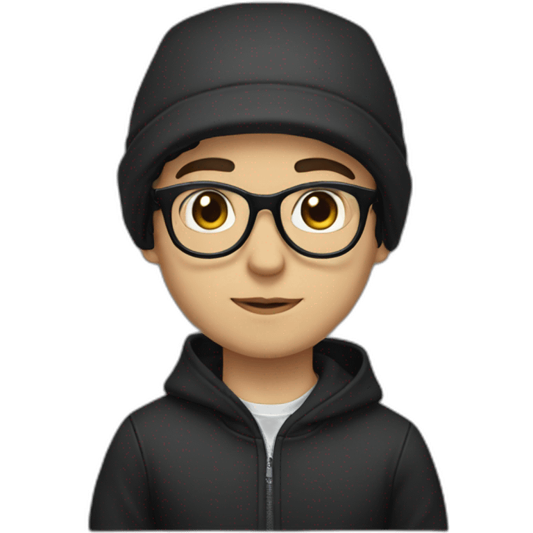 white boy black hair black hoodie cap with glasses emoji