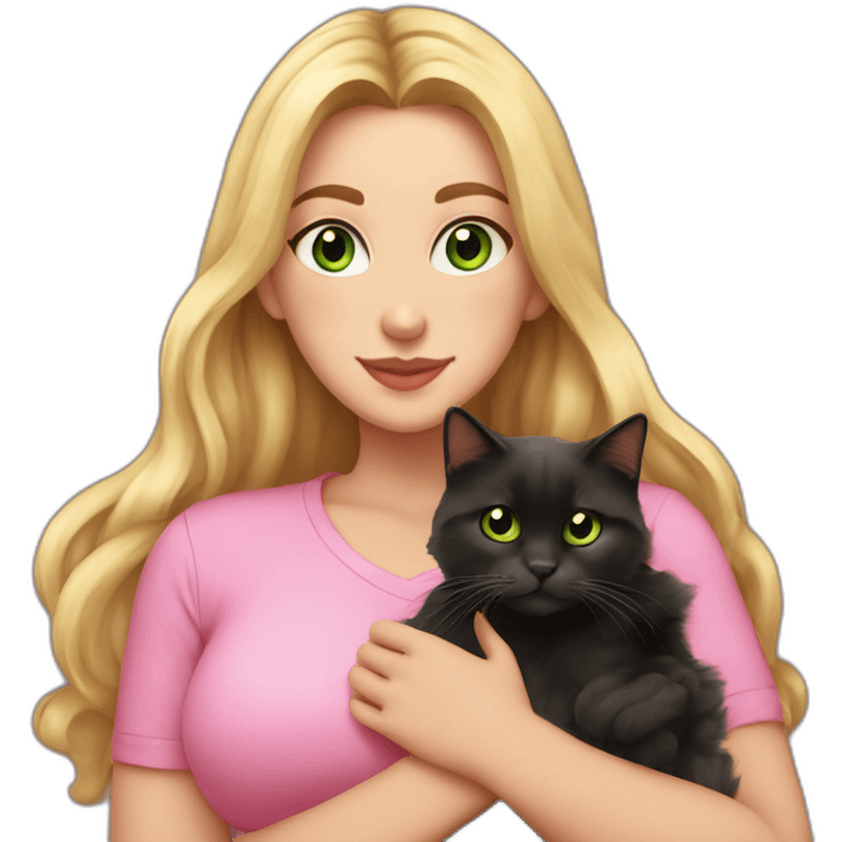 woman with green eyes and long wavy blonde hair and big boobs in a pink shirt is holding a very fluffy and fat black and tortoiseshell cat emoji