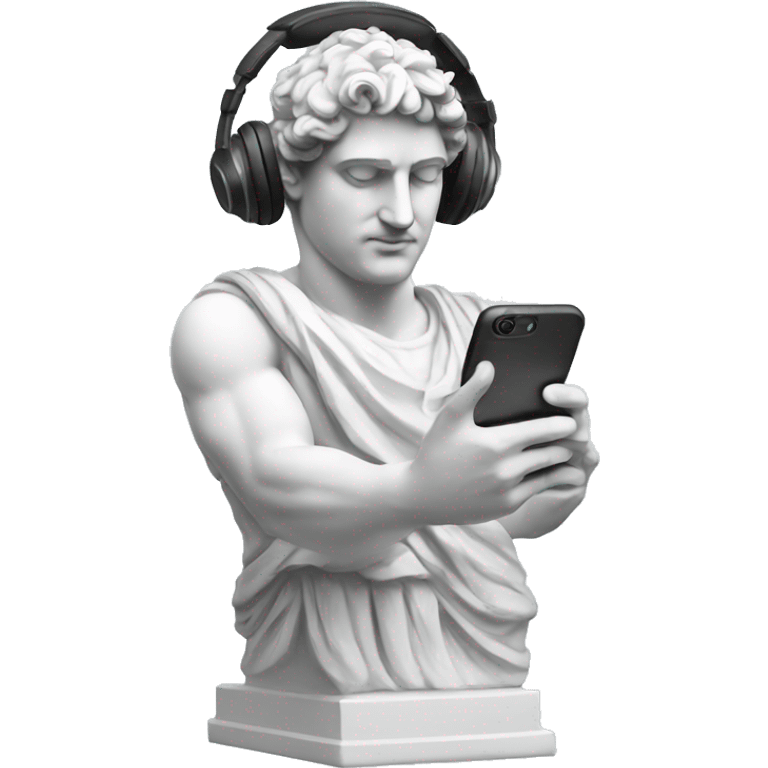 greek men statue holding smart phone and wearing headphones emoji