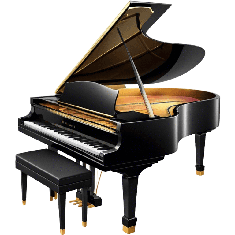 Cinematic Realistic Piano, glossy black grand piano with elegantly curved edges, pristine white and black keys, soft golden light reflecting off its polished surface, faint reflections of a musician’s hands, glowing with refined elegance and musical depth. emoji