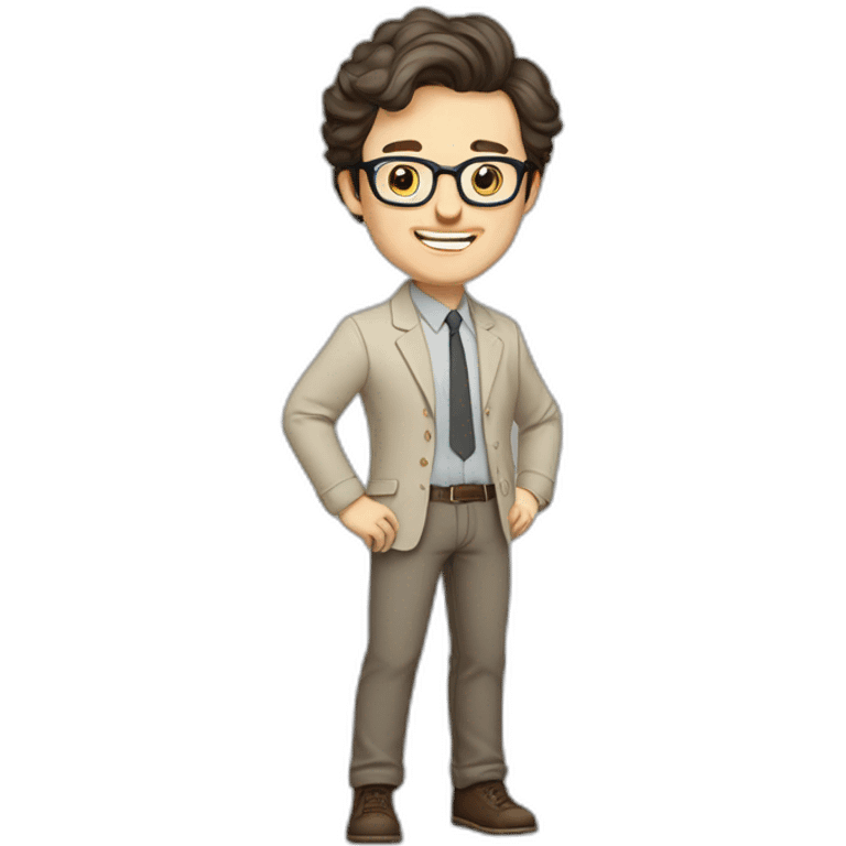 Joyful Full height Pale skinned Fit Man With dark brown hair in gray jacket, beige office shirt, Brown pants and vintage glasses. His thrumbs up emoji