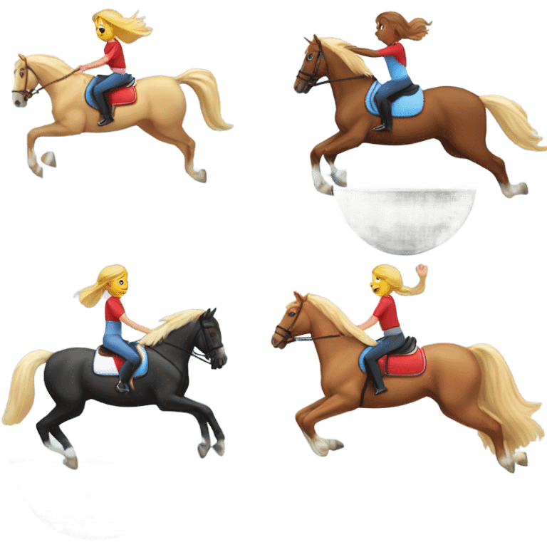 Red round horse with girl jumping over jump, horse wearing light blue saddle pad girl has blonde hair emoji