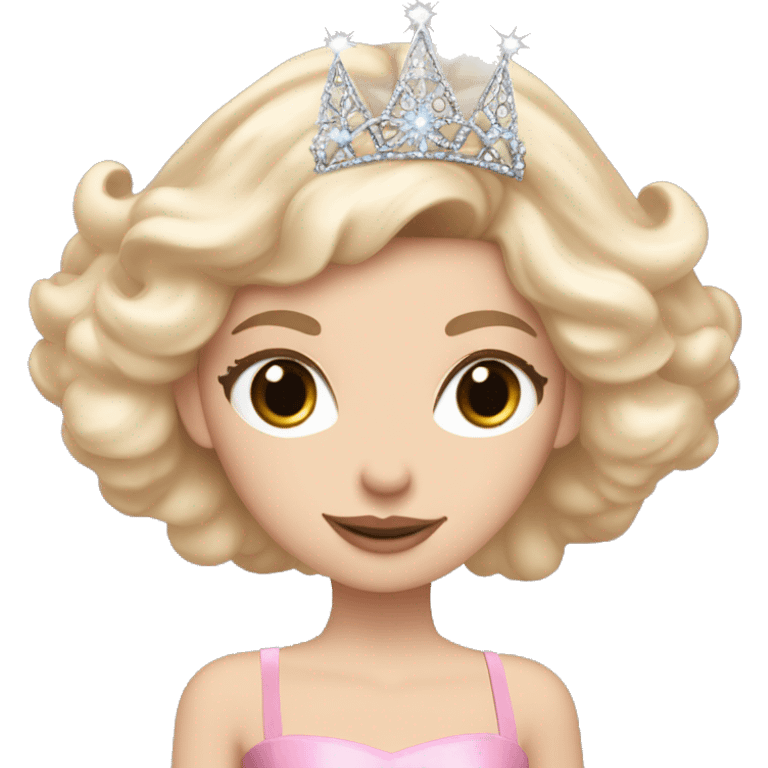 white girl with blonde hair and brown eyes wearing an elegant fluffy pink dress wearing a silver tiara holding a big wand in her hand surrounded by a bubble emoji