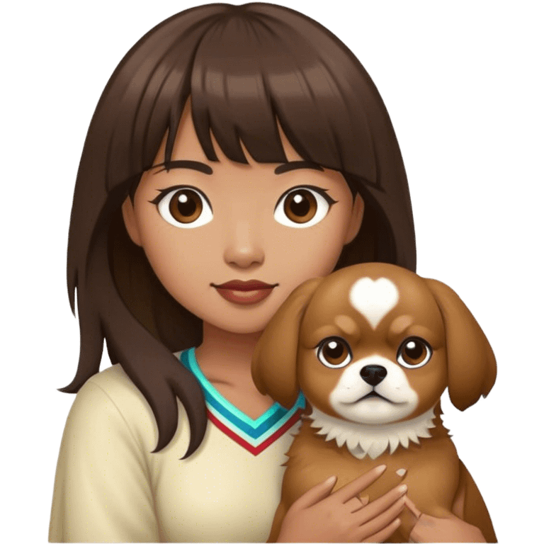 filipina with bangs holding a tibetan spaniel emoji