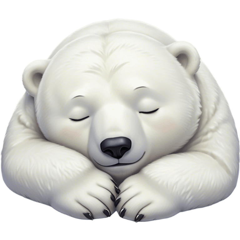 Meme-Worthy cute Sleeping Polar Bear Portrait Emoji, Head resting peacefully with a contented smile, showcasing a luxuriously soft snowy coat and eyes closed in serene slumber, Simplified yet hilariously adorable features, highly detailed, glowing with a soft, drowsy polar light, high shine, relaxed and utterly lovable, stylized with an air of playful laziness, bright and heartwarming, soft glowing outline, capturing the essence of a sleeping polar guardian that feels destined to become the next viral sensation of adorable rest! emoji