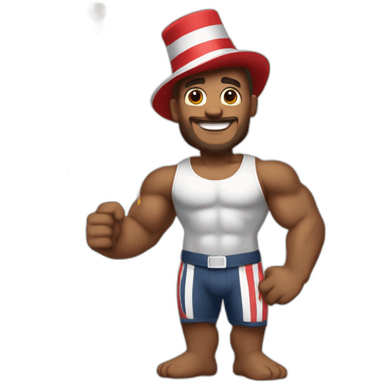 Create a full-body emoji of a muscular man, wearing a New Year's hat and holding a flag. emoji