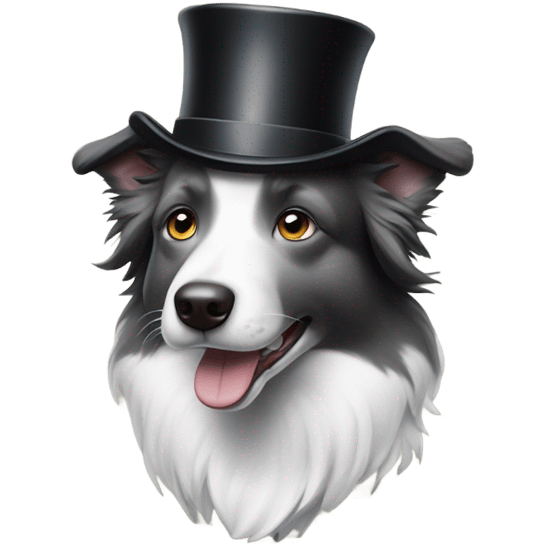 Grey and white border collie wearing a top hat and a monocle emoji