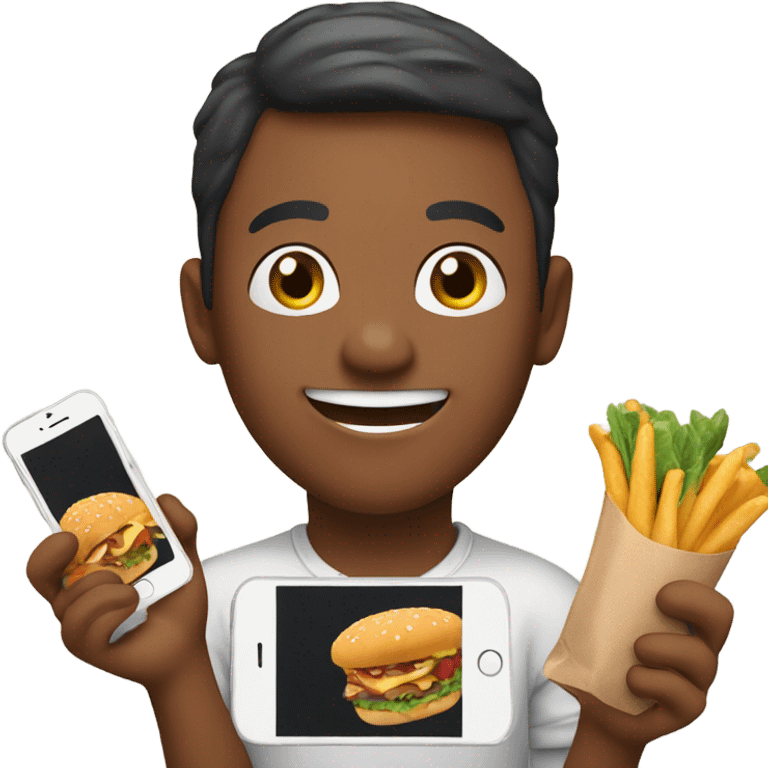 happy person with a smartphone showing food emoji