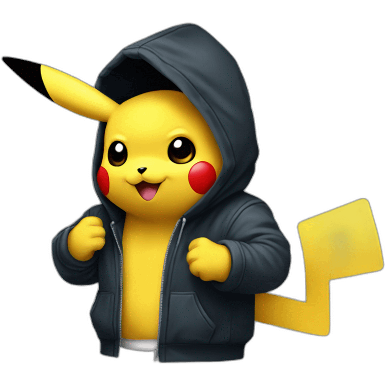 A Pikachu with a hacker hoodie coding emoji