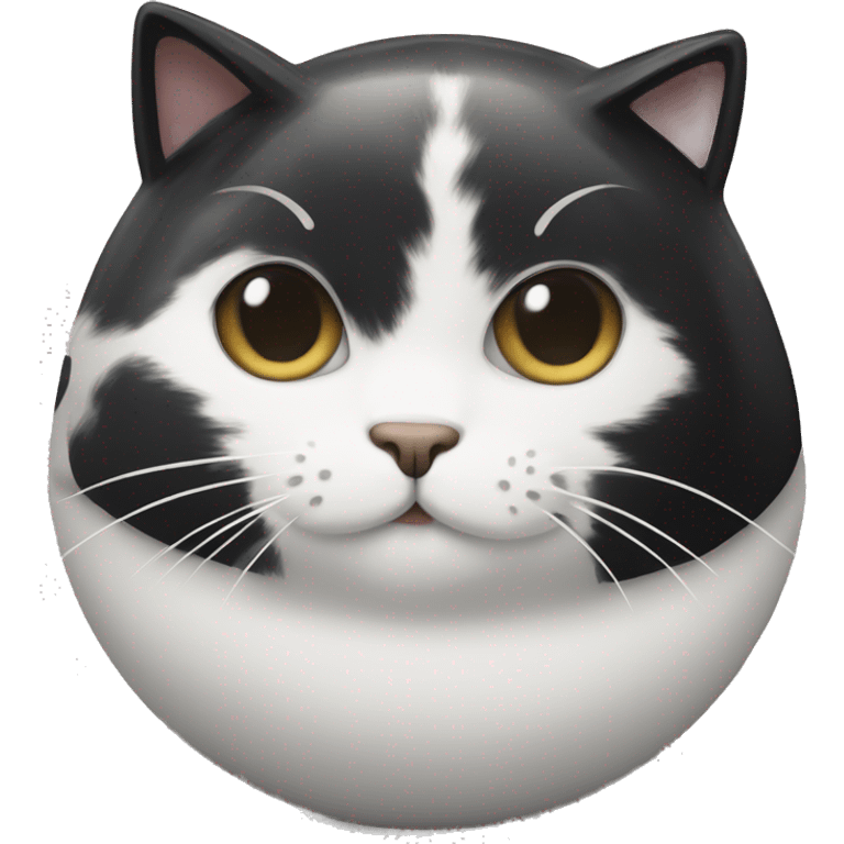 A black and white cat with a fur pattern on its head that looks like a bowl cut emoji