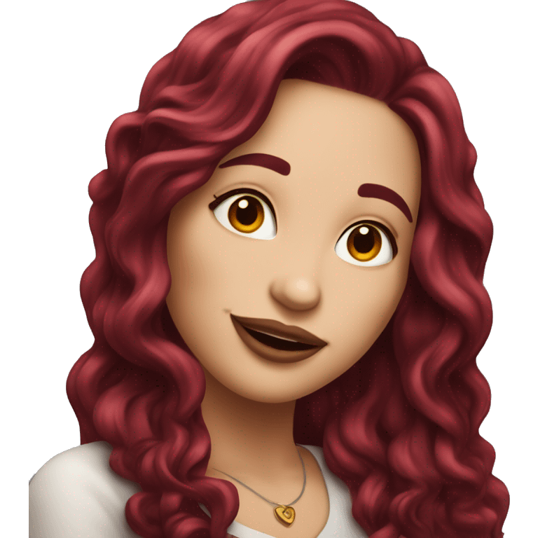 Beautiful tattooed  burgundy long haired woman blushing in love emoji