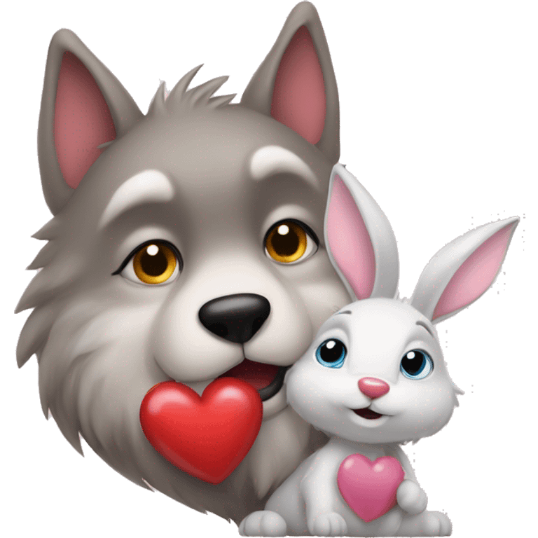 Old big Wolf kisses a white little Bunny who has pink ears, with big red heart between them emoji