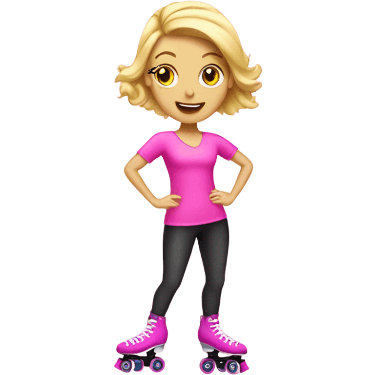 Blonde lady roller skating wearing pink emoji