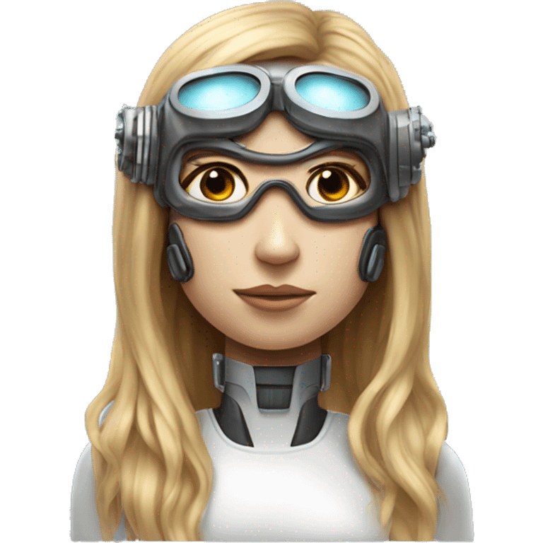 female cyborg head, fair skin, Brown long hair with blonde steaks, space age goggles and circuits emoji