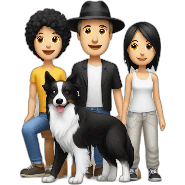 white family group consisting of man in hat and woman with black ponytail long hair and small black border collie dog emoji