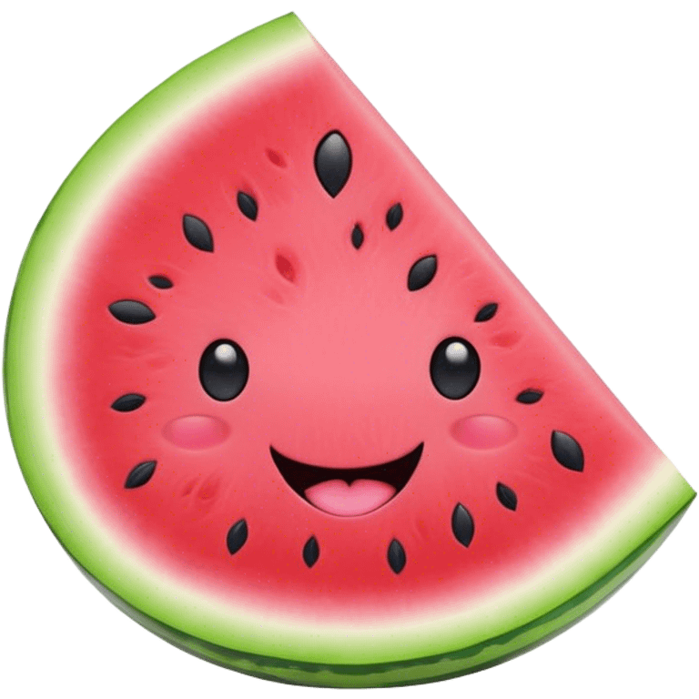 Cute Kawaii Watermelon Slice, juicy and vibrant, soft pastel green rind with pink flesh, tiny black seeds shaped like hearts, an adorable happy face with cute round eyes, bursting with summer energy! emoji