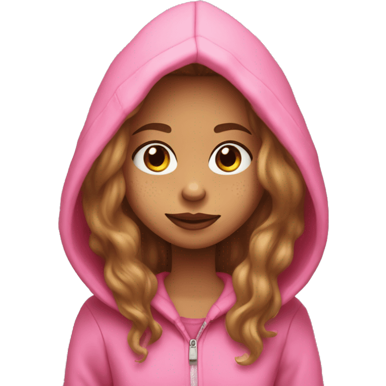 Girl with light brown long hair with hazel eyes with freckles and wearing a pink grinch hoodie emoji