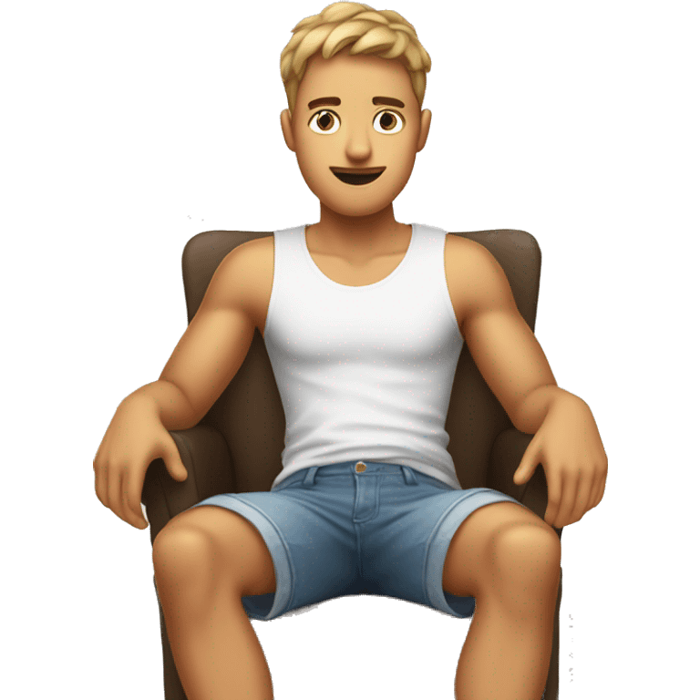 Young guy sitting on a chair in shorts, face is covered  emoji