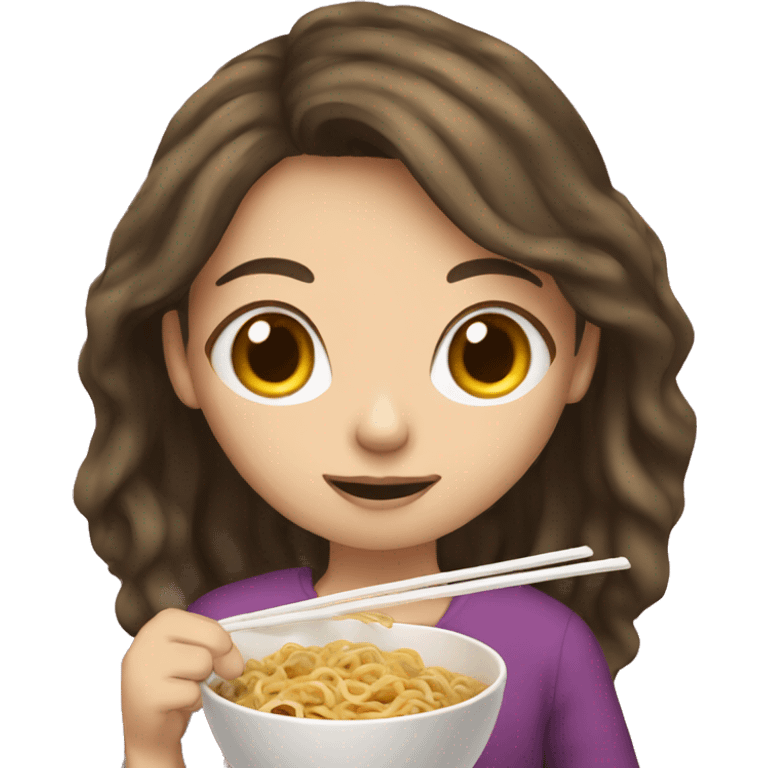 Brunette hair girl eating ramen noodles emoji