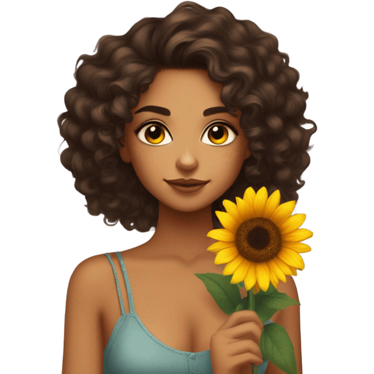 Pretty tan skin Latina with long dark curly hair . Very pretty cat eye makeup . Shes holding a sunflower in her hand  emoji