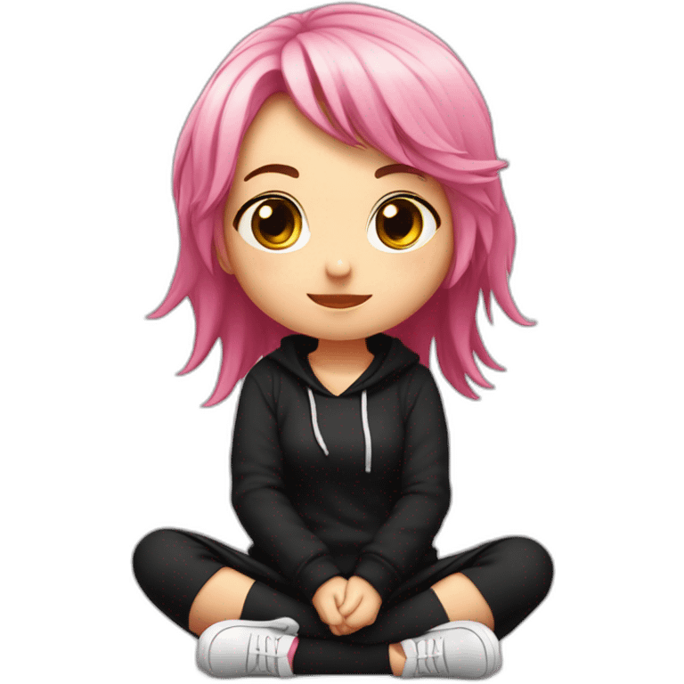 Full body Front view curvy emo girl pink hair sits on the floor straight view hands up black skirt белые трусики полосатые рваные чулки emoji