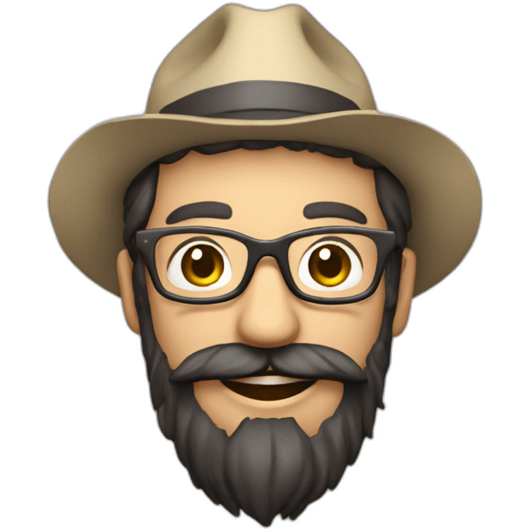 happy smile gardener face long dark beard and very short dark hair with little transparent glasses and a hat emoji