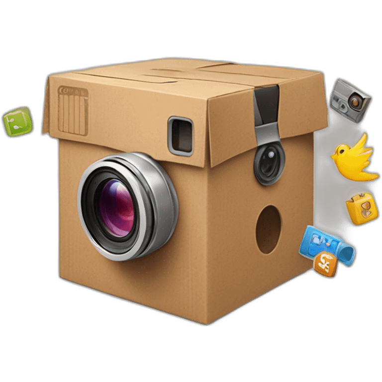 Video Camera, Instagram YouTube icons fly out from the Cardboard box emoji