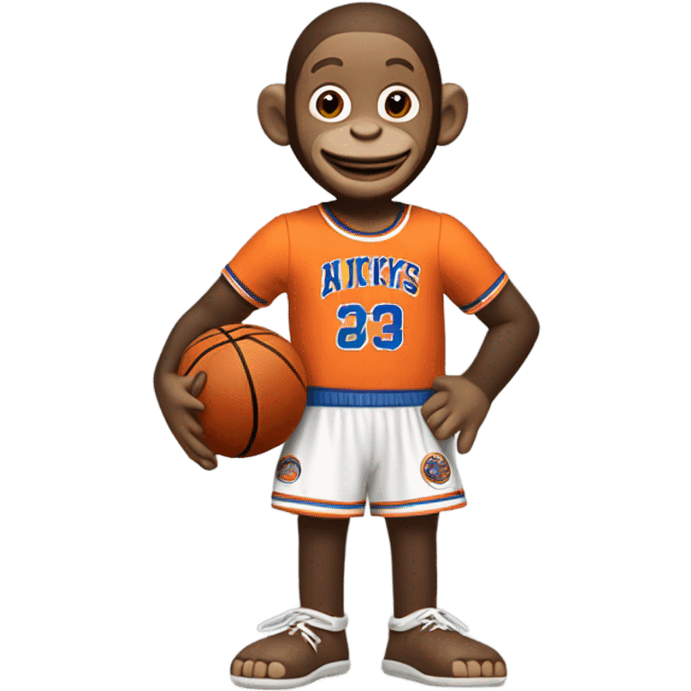    Curious George wearing a knicks jersey holding a basketball emoji