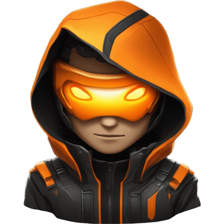  developer behind his laptop with this style : crysis Cyberpunk Valorant orange glowing bright orange character orange black hooded assassin themed character emoji