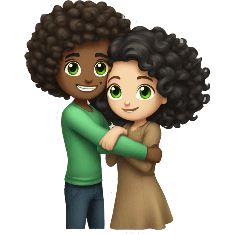 Curly hair , brunette boy with glass hugging a girl with wavy long black hair and green eyes emoji