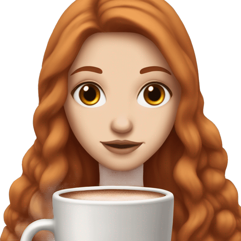 white girl with red long hair and brown eyes and a hot chocolate emoji