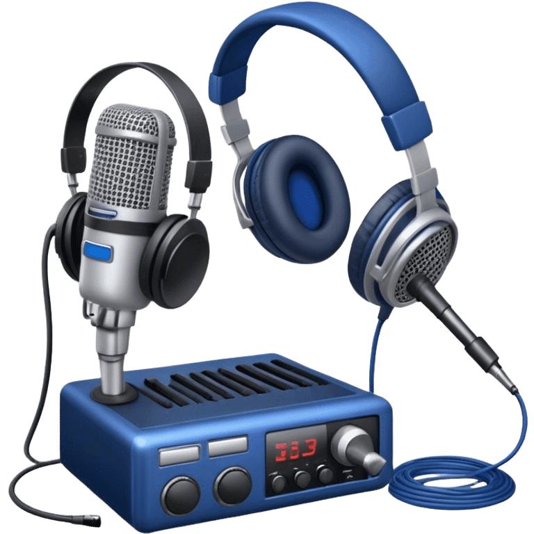 Create a sleek and professional emoji that represents voice acting and dubbing equipment. The design should feature a high-quality microphone, a sound mixer or audio interface, and headphones to symbolize the recording and technical process. Include elements like a soundproof booth or audio cables to reflect the studio environment. Use a modern, clean design with colors like silver, black, and dark blue to represent the professional side of voice acting. The background should be transparent. emoji