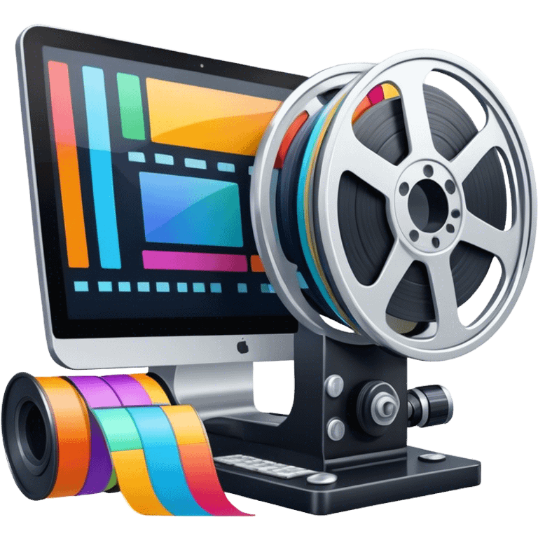 a vibrant and modern icon representing Animation and Motion Design, featuring elements like a film reel, a computer screen displaying animation, dynamic motion lines, and a cinematographic film strip on an editing table. colorful, and dynamic, without any emojis. The background  transparent. emoji