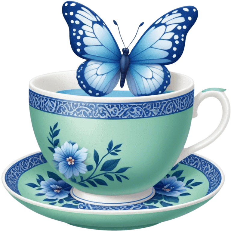 A delicate butterfly with pastel blue wings, resting on the edge of a green  porcelain teacup adorned with intricate blue floral patterns. emoji