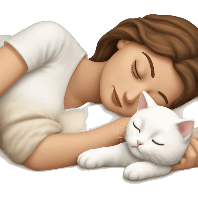 White girl brown hair sleeping with white kitty emoji