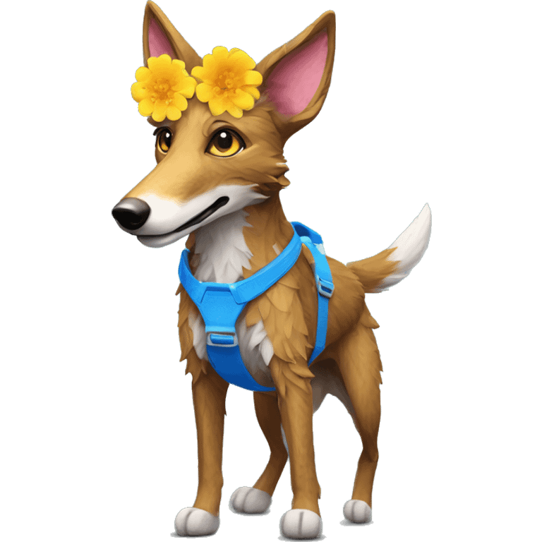  brindle fluffy lurcher fox running blue eyes fluffy ears and holographic harness wearing paper flower crown yellow caution tape neon sign emoji