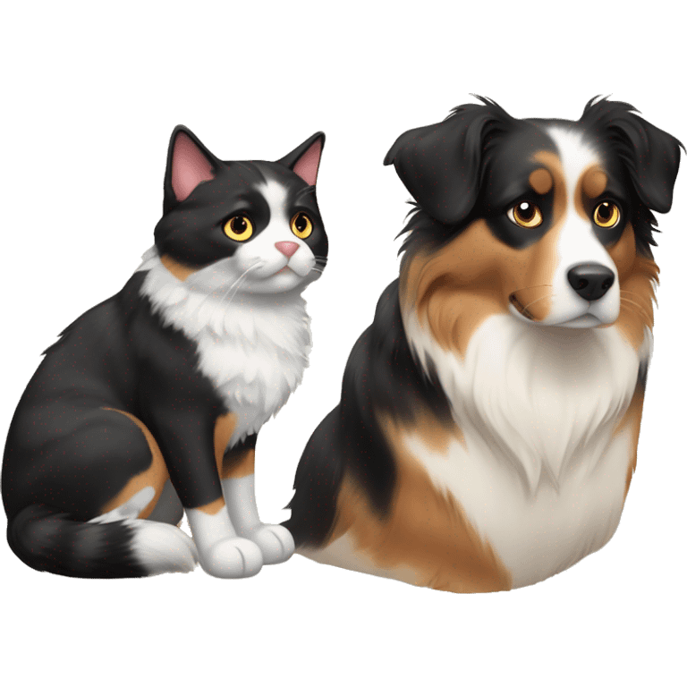 Fat calico cat with a black and tan Australian Shepard dog emoji