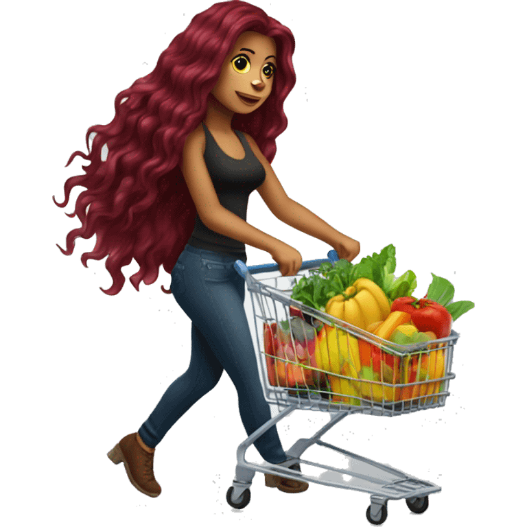 Beautiful tattooed burgundy long haired woman pushing shopping cart emoji