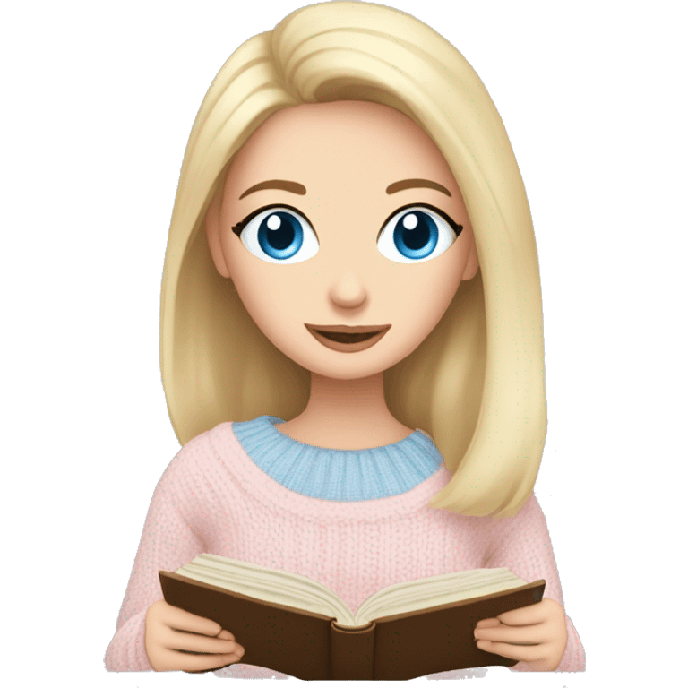 Pretty blue eyed white girl with light pink sweater reading cozy emoji